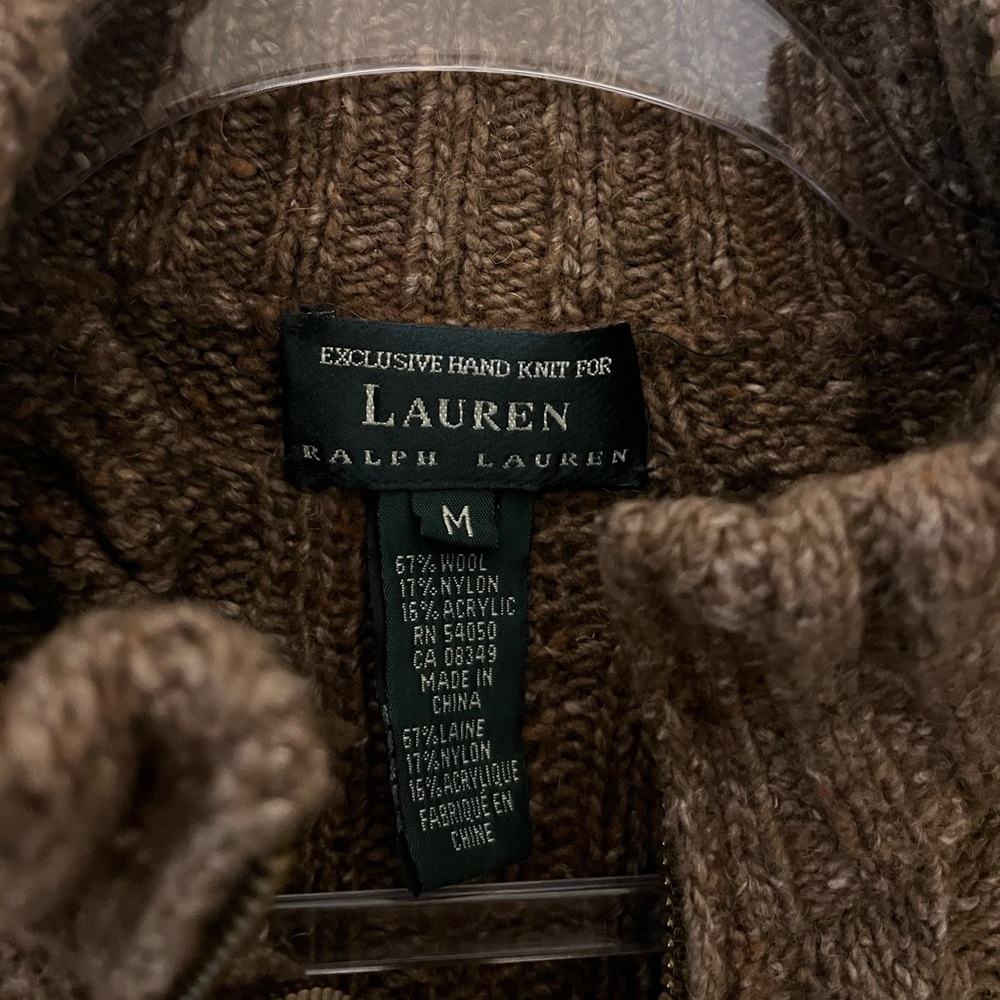 Lauren Ralph Lauren Hand Knit Brown Cable Knit 1/4 zip Sweater size Medium - Picture 9 of 13